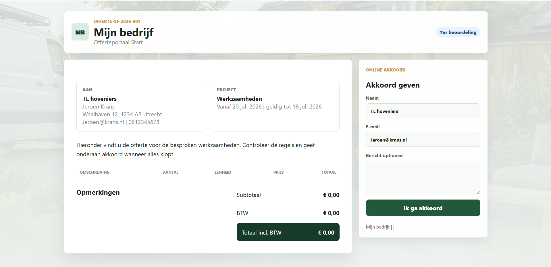 Klantlink met online akkoord voor een Start-offerte.