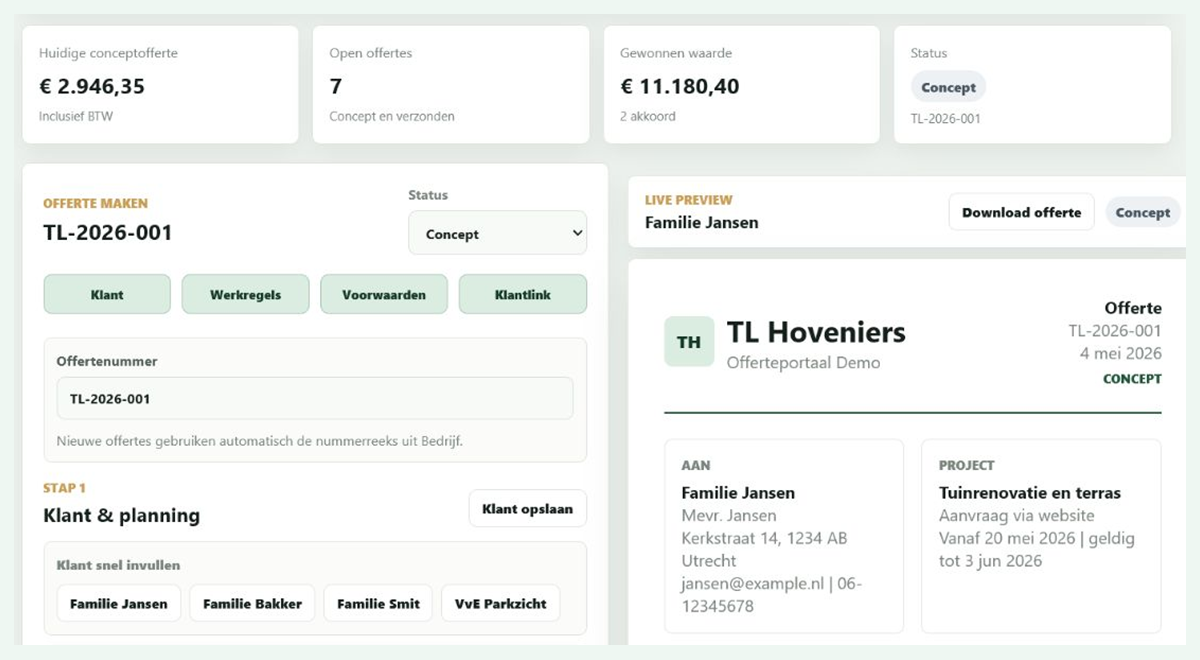 Screenshot van offerte-editor met live preview in OffertePortaal.