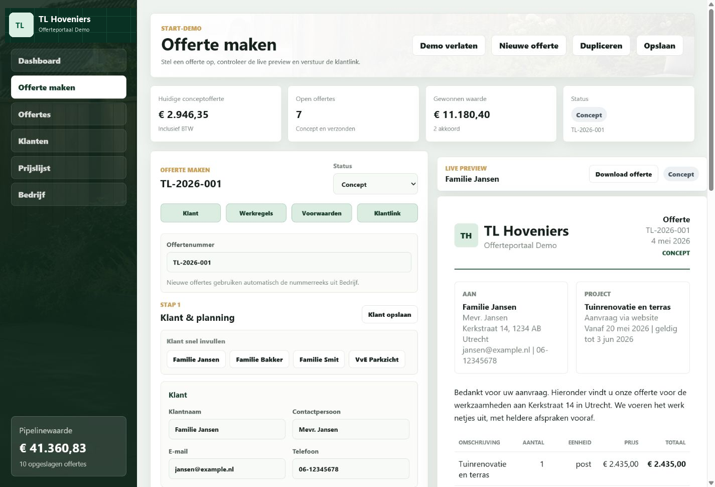 Echte Start-demo met offerte maken, klantgegevens, voorwaarden en live offertepreview.